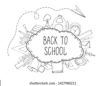 Back to school card. Funny  pattern with school supplies and creative elements. Back to school phrase.