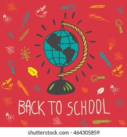 Back to school card with geography globe and other school facilities. The school globe on red background