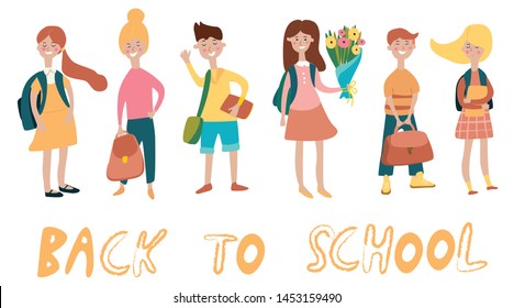 'Back to school' card with school girds and boys in cartoon style