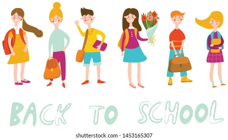 'Back to school' card with school girds and boys in cartoon style