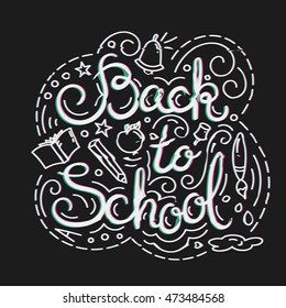 Back to School Card with Glitch Effect. School Themed Doodle Elements in Glitch Style. Distortion lettering poster. Vector Illustration.