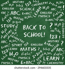 Back to school card. Hand drawn equations and text on green chalkboard