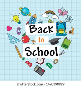 Back to school card. Icons of school supplies forming a heart