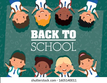 back to school card with interracial students vector illustration design
