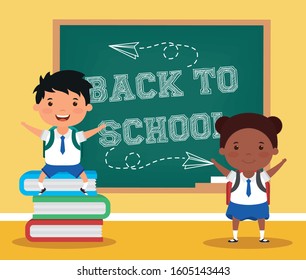 back to school card with interracial students vector illustration design
