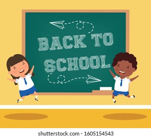 back to school card with interracial students vector illustration design