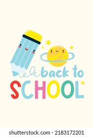Back to school card kawaii cute cartoon character for kids. Vector illustration