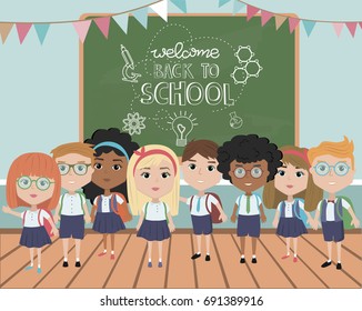 Back to school card with kids. Editable vector illustration
