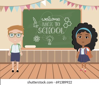 Back to school card with kids. Editable vector illustration