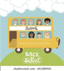 Back to school card with kids. Editable vector illustration