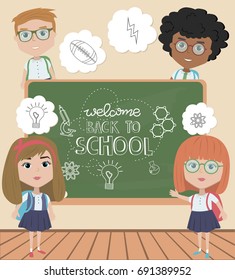 Back to school card with kids. Editable vector illustration