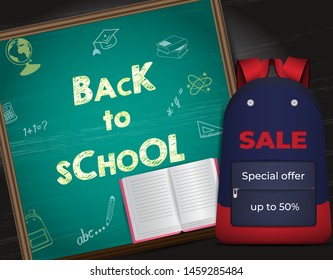 Back to school card with notebook, school Board and school backpack. Vector illustration template