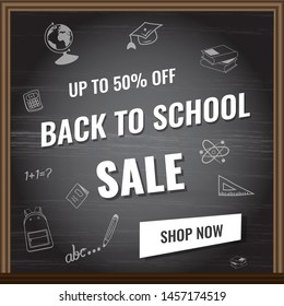 Back to school card on the black board background. Shopping sale, promo poster, banner, wallpaper, flyer, discount, shop, market, special offer.  Ad concept. Vector illustration