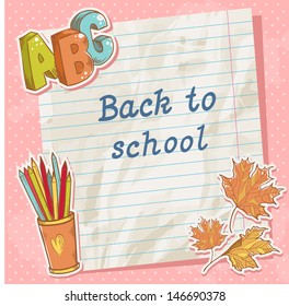 Back to school card on paper sheet with various study items in cartoon hand drawn style
