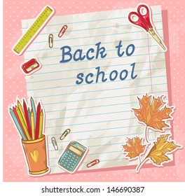 Back to school card on paper sheet with various study items in cartoon hand drawn style