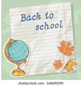 Back to school card on paper sheet with various study items in cartoon hand drawn style