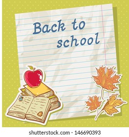 Back to school card on paper sheet with various study items in cartoon hand drawn style
