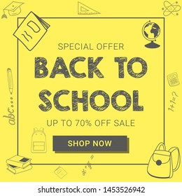 Back to school card on yellow background. Shopping sale, promo poster, banner, wallpaper, flyer, discount, shop, market, special offer.  Ad concept. Vector illustration