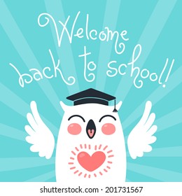 Back to school. Card with an owl. Hand drawn vector illustration.