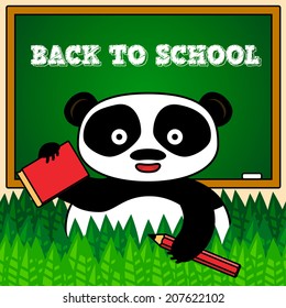 Back to school card with panda holding book and pencil