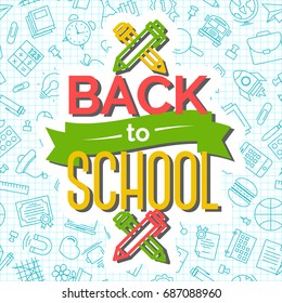 Back to school card with pen and pencil on seamless pattern of school supplies blue line style. Vector illustration.