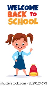 Back to school card or phone banner with cute schoolchild. Editable template for social media or marketing templates. Vector cartoon illustration isolated on white background.