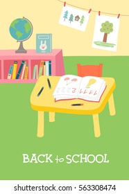 Back to school card, poster design. Kindergarten Preschool Classroom Interior. Cartoon vector hand drawn eps 10 illustration in flat style.