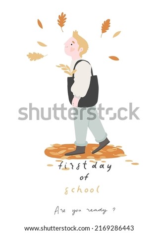 Back to school card, poster. Smart kid. Cute student character with school bag, isolated on white background. Happy teen boy in school uniform. Dreamy pupil with eco bag. New generation. Flat vector