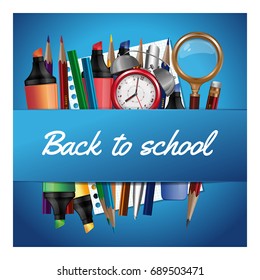 Back to school card. Realistic school items. Colored pencils, markers, pen, magnifying glass and leaflet from school notebook on a blue background. School supplies. Vector Illustration