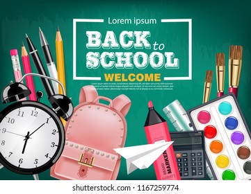 Back to school card with satchel, alarm clock, pencils and other tools Vector realistic. Chalk board background. Detailed 3d illustrations