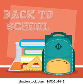 back to school card with schoolbag and pile textbooks vector illustration design