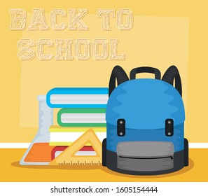 back to school card with schoolbag and pile textbooks vector illustration design