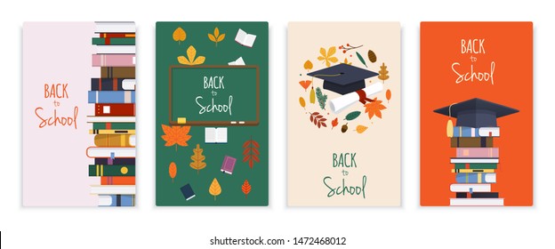 Back to school card set with books, graduation hat, leafs. Elements for retail marketing promotion and education related. 