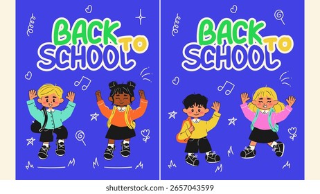 De volta ao cartão da escola. Crianças alegres indo à escola. Estudante de escola de estilo Doodle. Ilustração de vetor plano.