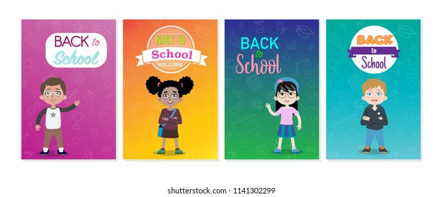 Back to school card set with children of different races on different background consisting of school supplies. Pupil. Vector illustration.
