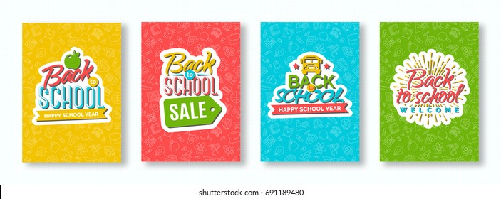 Back to school card set with color emblems consisting of school bus, apple, sunburst and sign welcome and happy school year on different background consisting of school supplies.