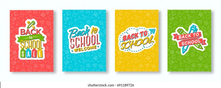 Back to school card set with color emblems consisting of pen, pencil, paper plane and sign welcome on different background consisting of school supplies. School shopping. Vector illustration.