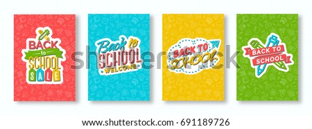 Back to school card set with color emblems consisting of pen, pencil, paper plane and sign welcome on different background consisting of school supplies. School shopping. Vector illustration.