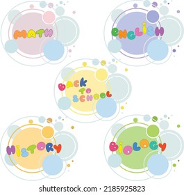 Back to school card set with colored emblems consisting of circles and sign"back to school" on different backgrounds consisting of school subjects english, math, history, biology. School stores.Vector