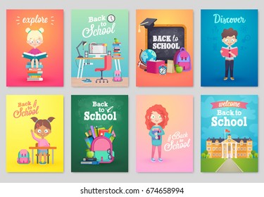 Back to School card set, school kids, chalkboards, equipment. Vector illustration.