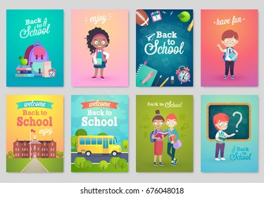 Back to School card set, school kids, chalkboards, equipment. Vector illustration.