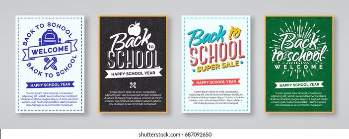 Back to school card set with labels consisting of school backpack, apple, pen, pencil, bus and sign welcome and happy school year on different background. Vector illustration.