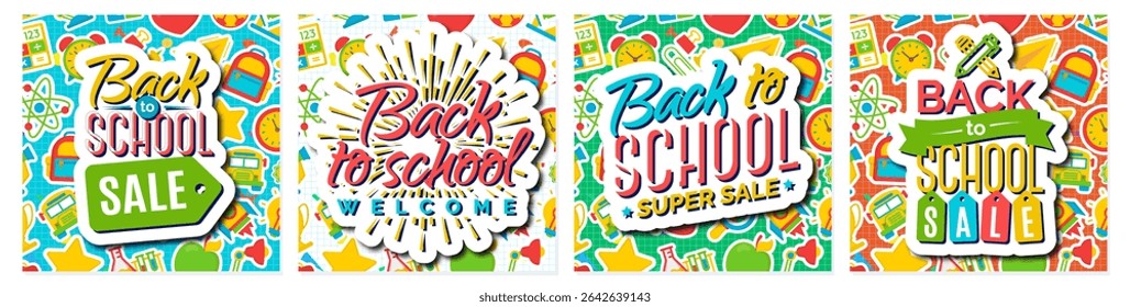 Back to school card set modern typography on school supplies