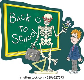 Back to school card with a smiling schoolboy and a funny human skeleton in an Anatomy class, vector cartoon illustration