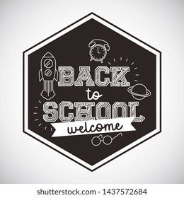 Back to school card spaceship clock alarm and planet cartoons - vector editable illustration image