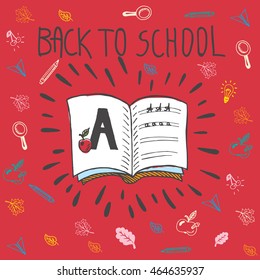 Back to school card with spell book and alphabet exercise. The spell book on red background
