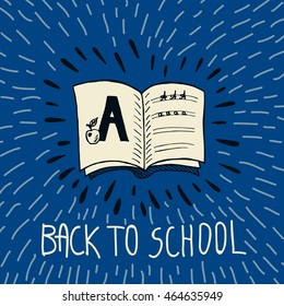 Back to school card with spell book and alphabet exercise. The spell book on blue background