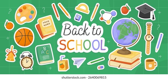 Back to school card. Stickers with illustrations of school supplies on a green background. Globe, palette, book, alarm clock, basketball, bell, pencil, apple, wristwatch.