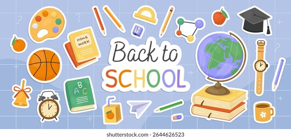 Back to school card. Stickers with illustrations of school supplies on a blue background. Globe, palette, book, alarm clock, basketball, bell, pencil, apple, wristwatch.