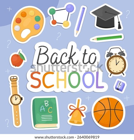 Back to school card. Stickers with illustrations of school supplies, palette, square academic cap, basketball, wristwatch, bell, alarm clock, apple, pencils. Blue background.